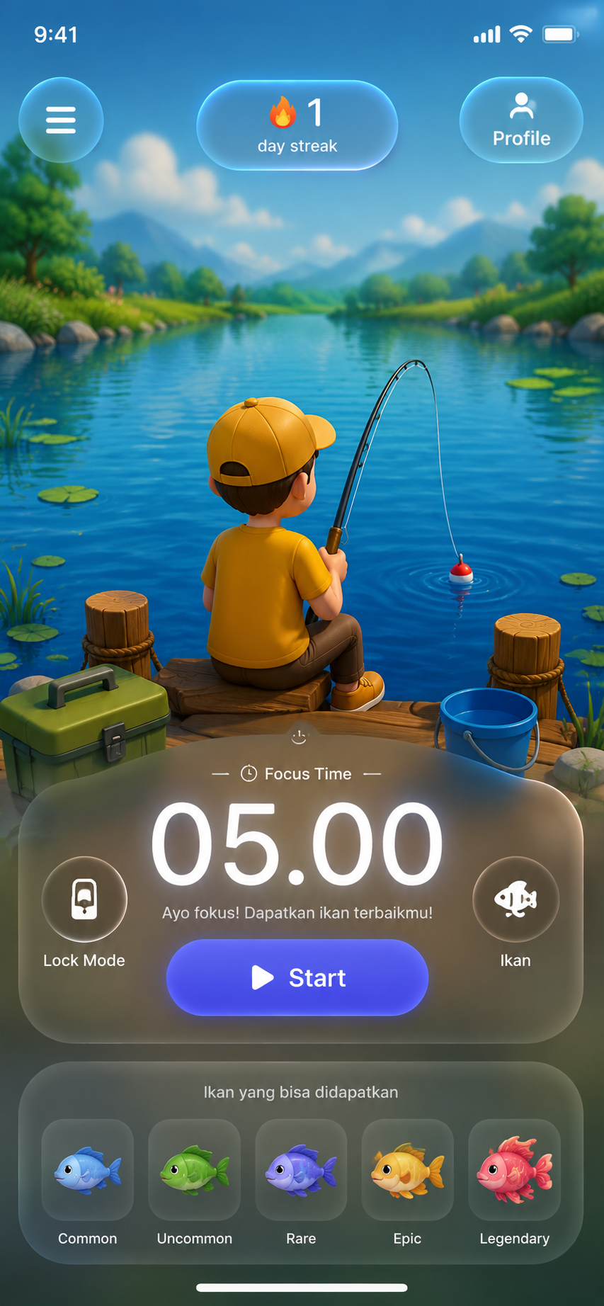 Layar permainan Focus Fishing dengan timer fokus dan koleksi ikan